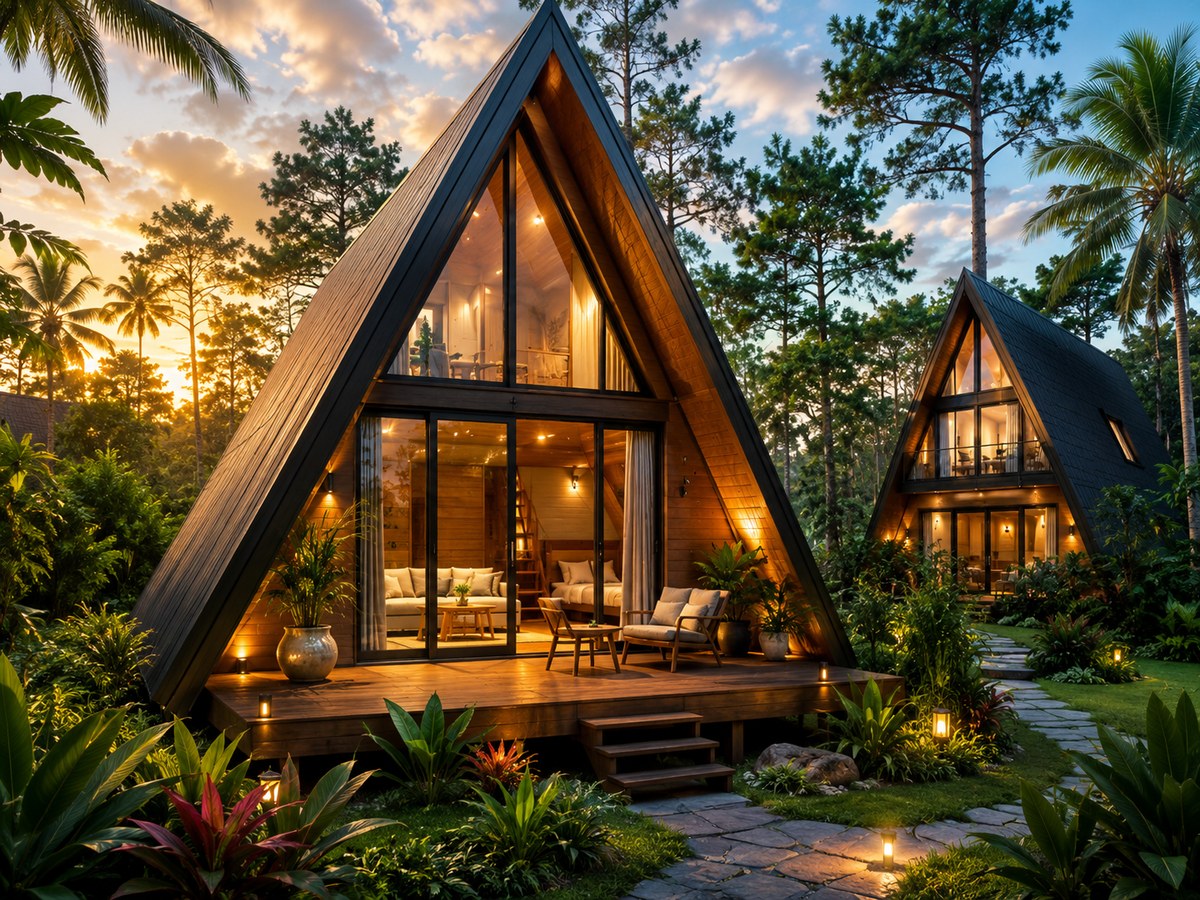 Cabana A-frame em meio à natureza
